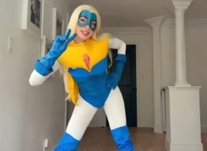 Blonde Blazer Video Game Cosplay from Dispatch by a YouTube Model